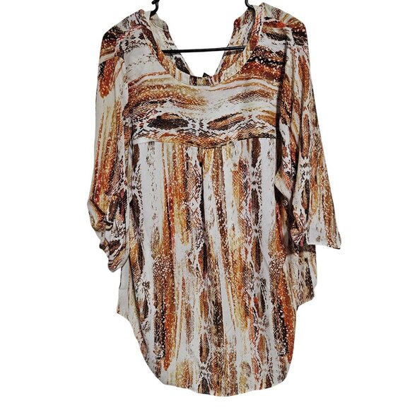 Worthington Snake Print Blouse Womens Plus Size 1X Brown White Top High Low Hem - Picture 2 of 6